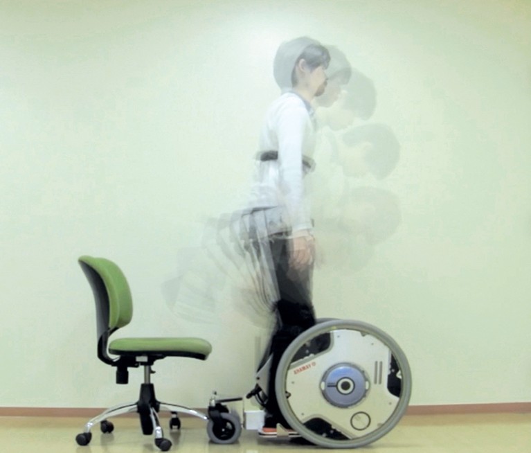 In-motion image showing multiple positions of a man getting on the wheelchair.