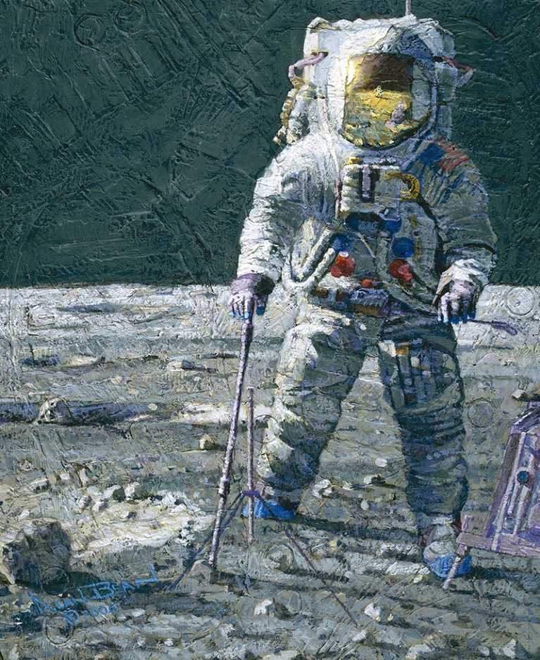 A painting of astronaut Pete Conrad on the lunar surface. It is heavily textured with moon dust and lunar tool and boot marks