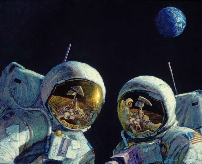 The lander Surveyor III is reflected in the visors of two suited astronauts. The Earth is visible as a small globe behind them