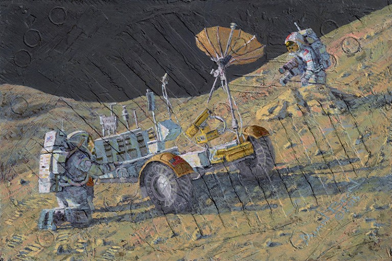 Two astronauts hold a rover that is slipping down a lunar slope. Painting is textured with moondust, lunar tools and bootprints