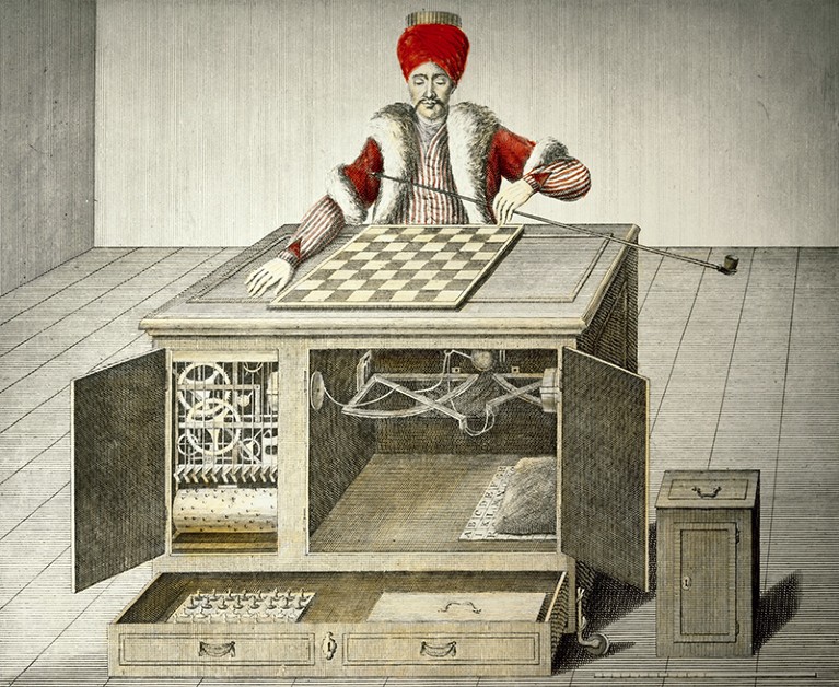 Engraving of the famous hoax chess playing automaton the ‘Mechanical Turk’, with speculation as to the internal mechanisms