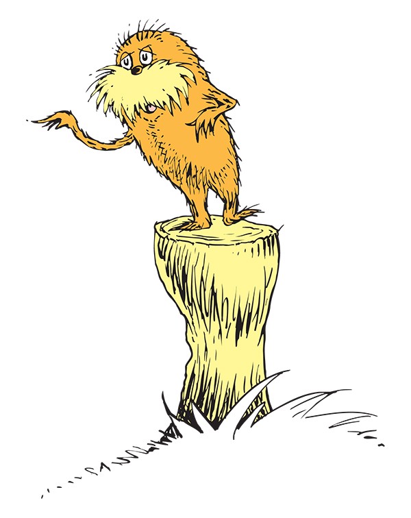 The Lorax standing on a tree stump pointing angrily.