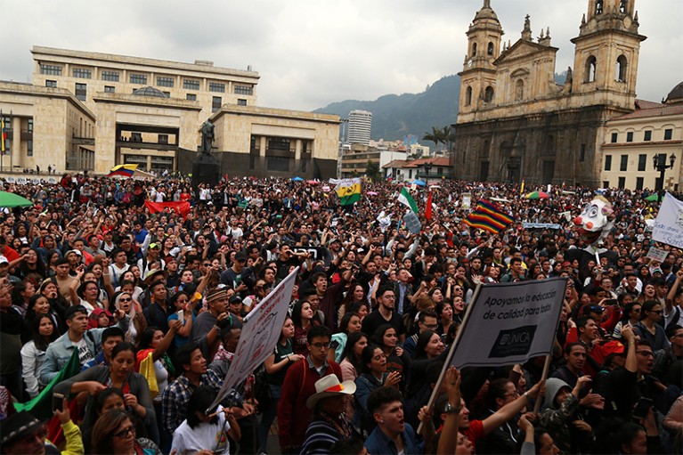 Students and academics march in Bogotá, Colombia, to demand more financial resources for higher education.