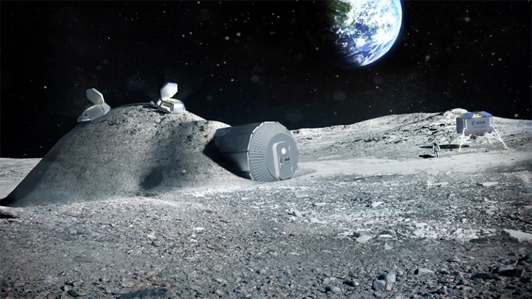 Visualisation of a small dome like structure made of moon rock with hatches at the top and an entrance out front on the moon