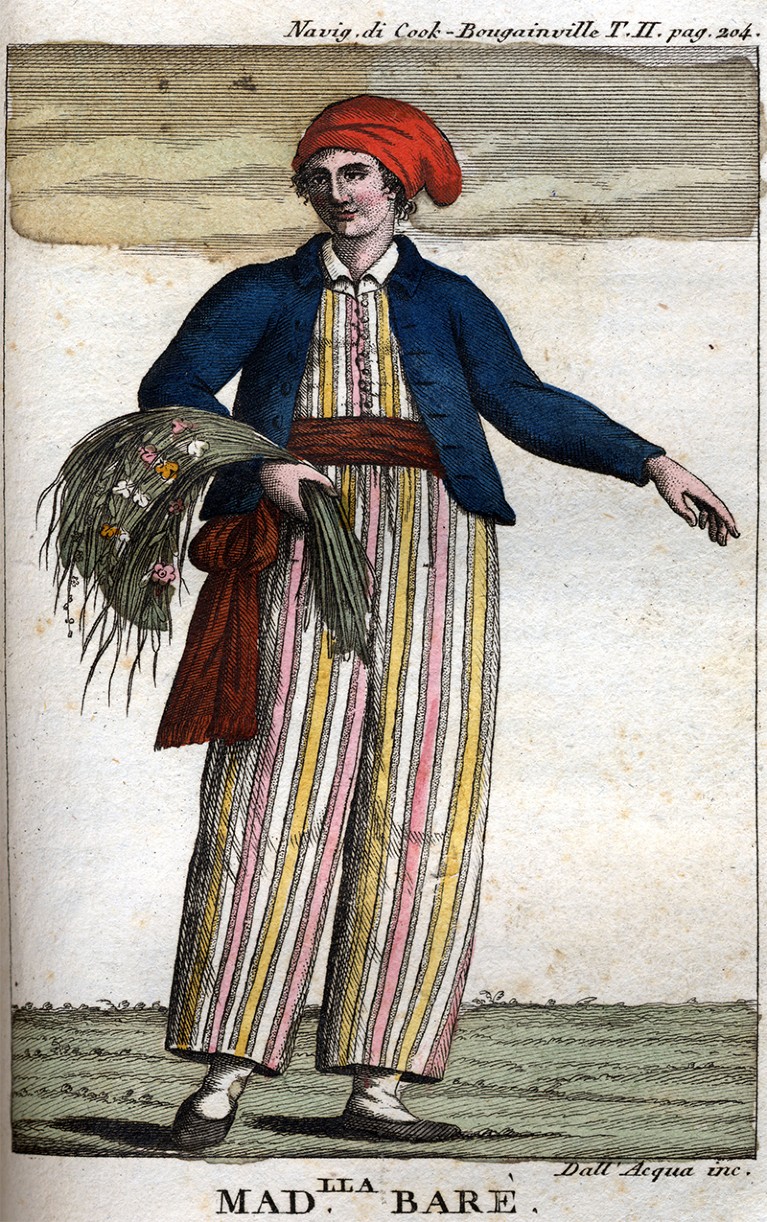 Coloured engraving of Jeanne Baret Bare