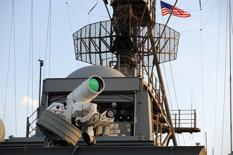 LaWS laser weapon cannon mounted on a US Navy Staging Base in the Arabian Gulf in 2014