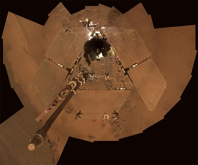 Selfie by NASA's rover Opportunity shows dust accumulation on the solar panels before a Martian winter