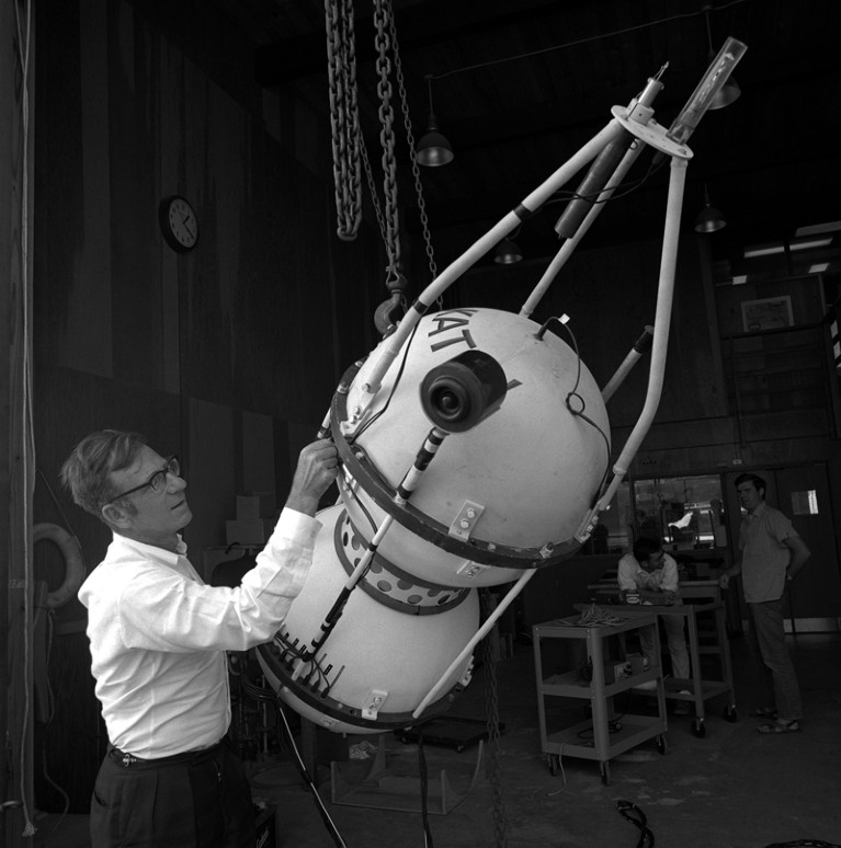 Walter Munk in 1963 with a tide capsule