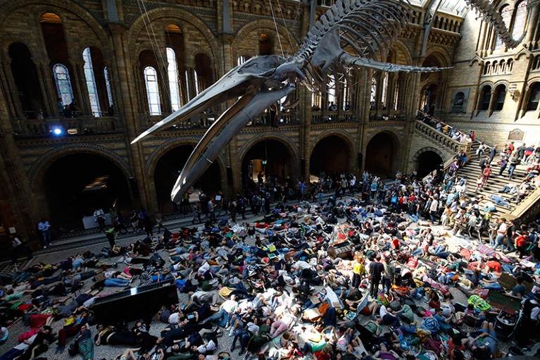 Extinction Rebellion climate change activists perform a mass 'die in' under the blue whale at the Natural History Museum