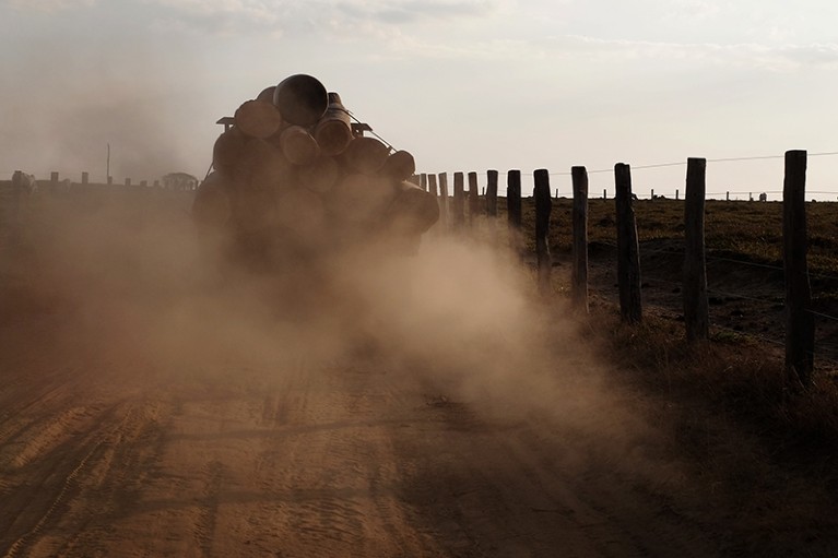 A logging truck lumbers down a road leading out of the Araribóia Indigenous Reserve, Maranhão, Brazil