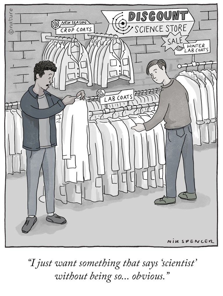 Cartoon: Person shopping for lab coats says “I just want something that says ‘scientist’ without being so… obvious.