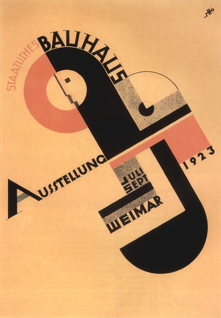 Poster with black and red geometric forms and writing on a beige background.