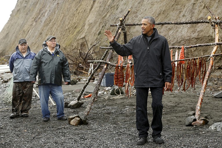 Barack Obama delivers brief remarks after meeting traditional fishers on the shore of the Nushagak River in Dillingham, Alaska