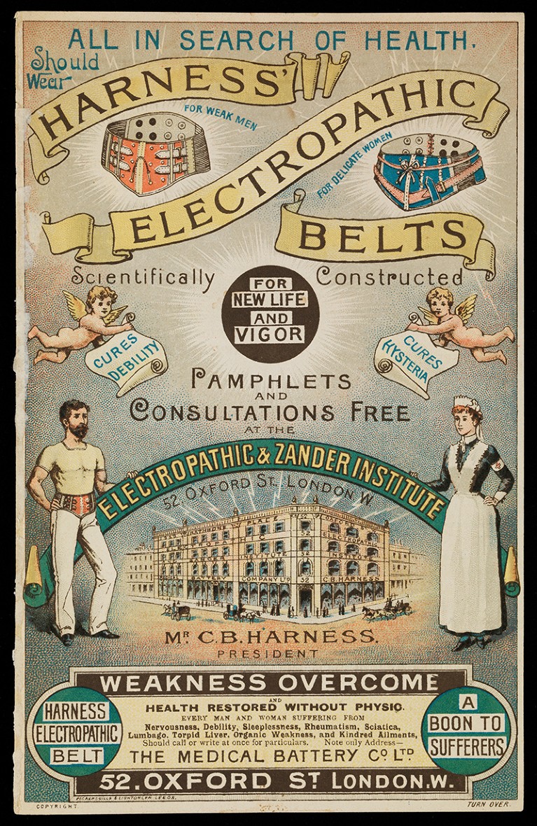 Advert for Harness' "Electropathic Belts" which helps hysteria, among other claims