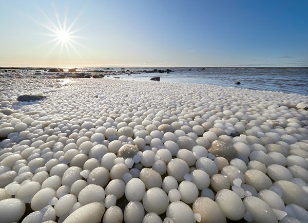 A view of the “ice eggs” along Marjaniemi beach on Hailuoto island