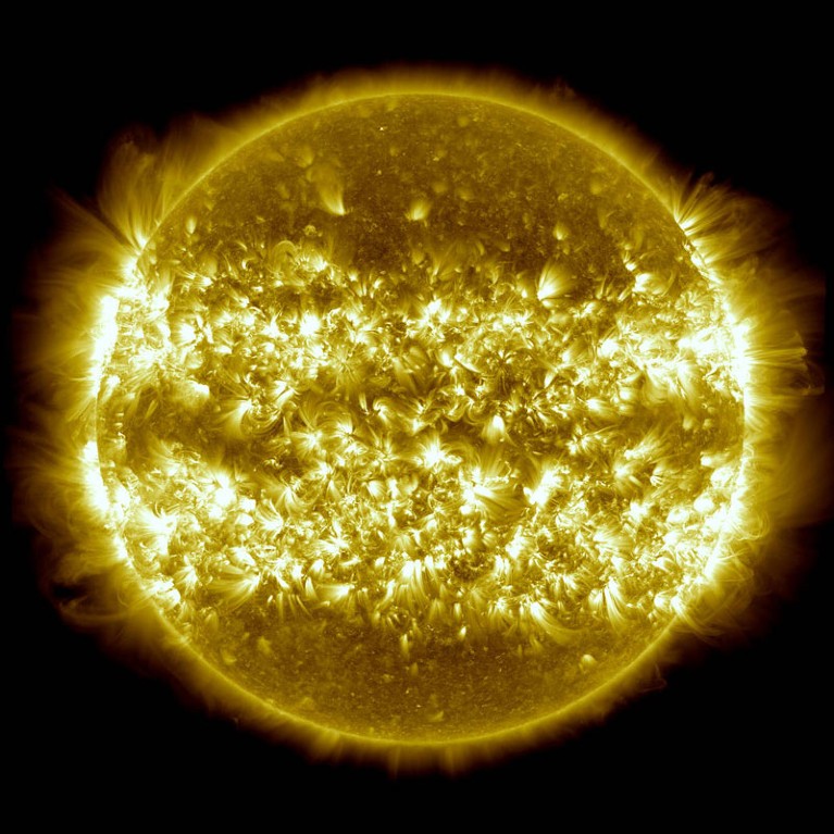 Composite of 25 separate images of sun activity spanning the period of April 16, 2012, to April 15, 2013.
