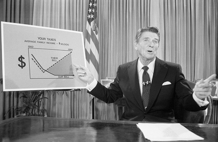 President Reagan with a taxation program chart for the private American citizen, 1981