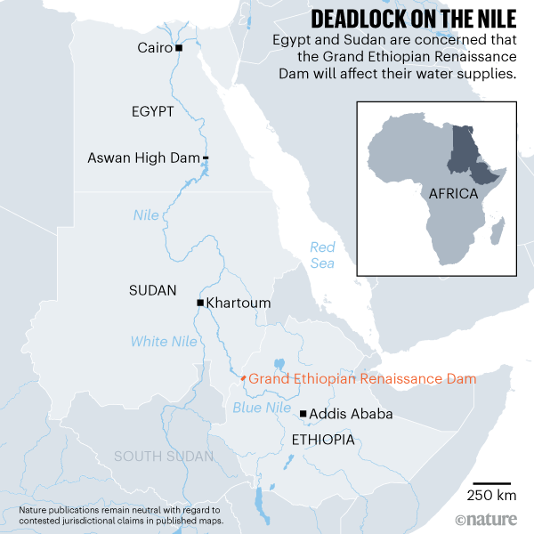 Map showing the Nile and the location of the Grand Ethiopian Renaissance Dam.