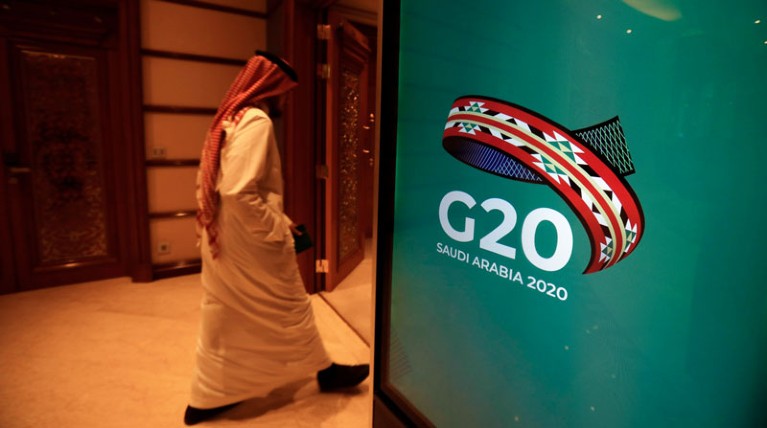 A Saudi man arrives at the hotel where the G20 meeting is set to take place