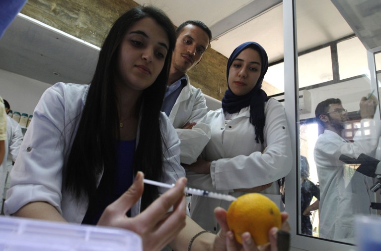 Young scientists inject a solution in an orange