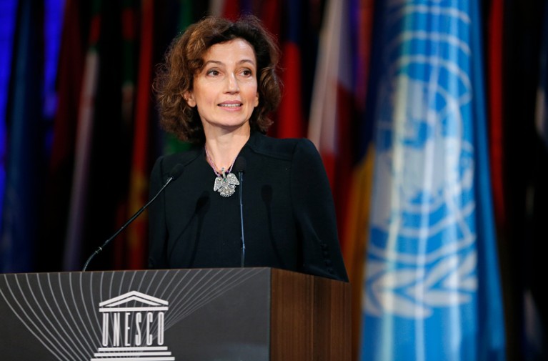 Audrey Azoulay, Director-General of UNESCO, giving a speech