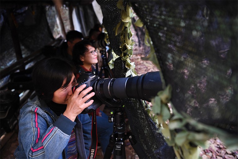 Tourists are shown taking photos at a bird-observing point in Ziyun Village, in Southeast China's Fujian Province.