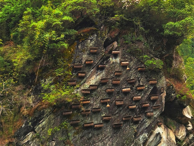 Beehives attached to cliffs in Guanba, a village located in the panda habitat in Sichuan, China