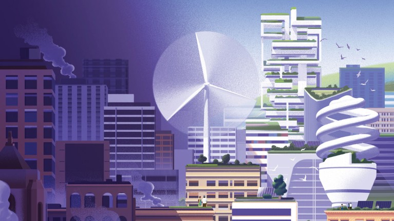 A cityscape moves from dark to light as sustainable elements such s windpower are added