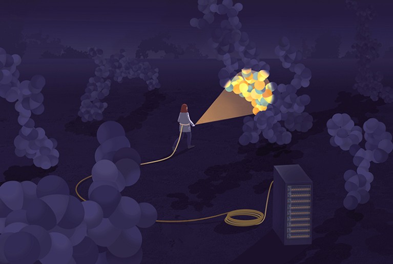 Conceptual illustration showing researcher shining a light at molecules.