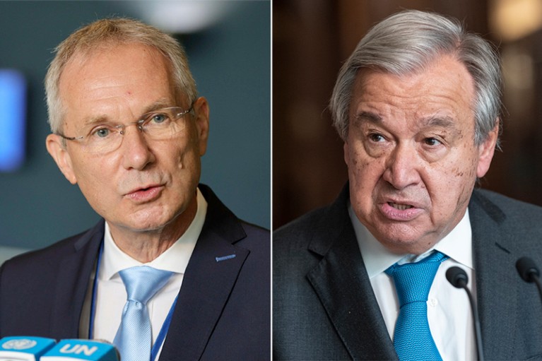 A composite image of Csaba Kőrösi on the left and Antonio Guterres on the right