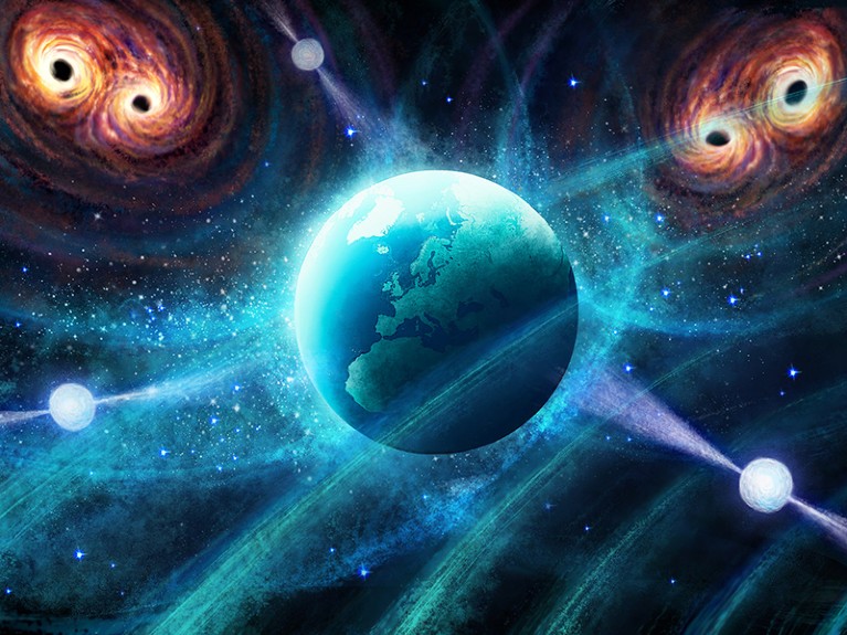 An artist's impression of gravitational waves caused by supermassive black holes.