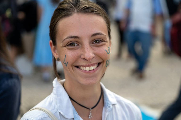 Anaëlle Durfort during the "Blue March" on a side event during the United Nation Ocean Conference in Lisbon, Spain, 2022.