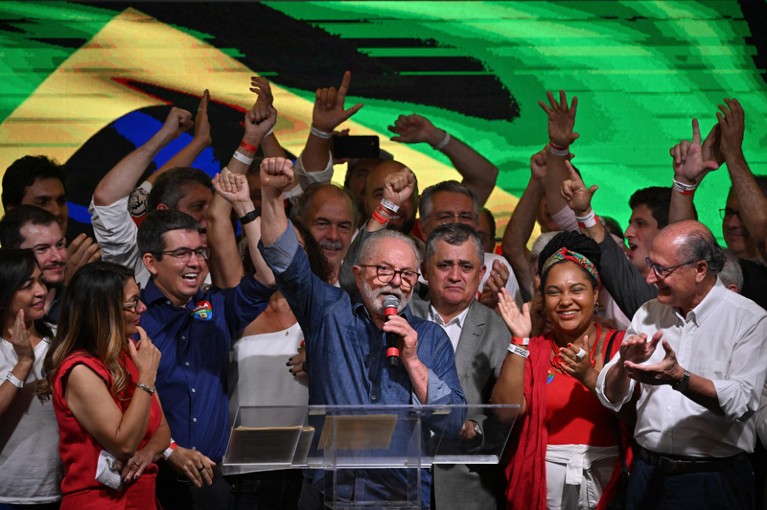Luiz Inacio Lula da Silva speaks after winning the presidential run-off election in Sao Paulo