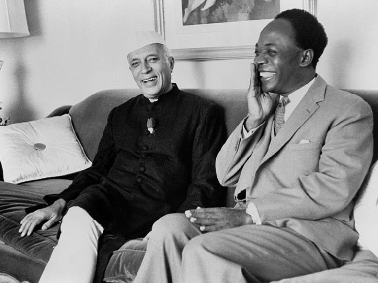 Indian Prime Minister Nehru and Ghana Premier Nkrumah at the Hotel Carlyle, New York City, in 1960.