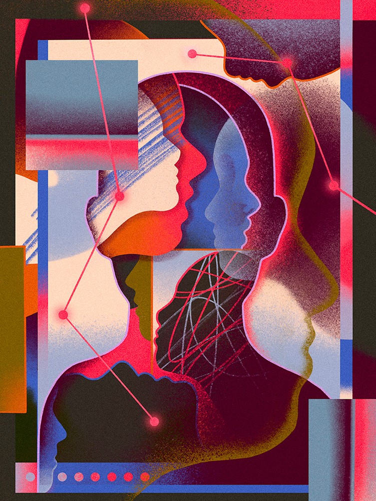 A conceptual illustration featuring a collage of faces.