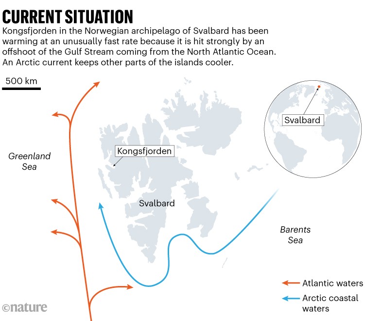 Current situation: Location of Kongsfjorden in Svalbard, Norway and the currents from Atlantic and Arctic coastal waters.