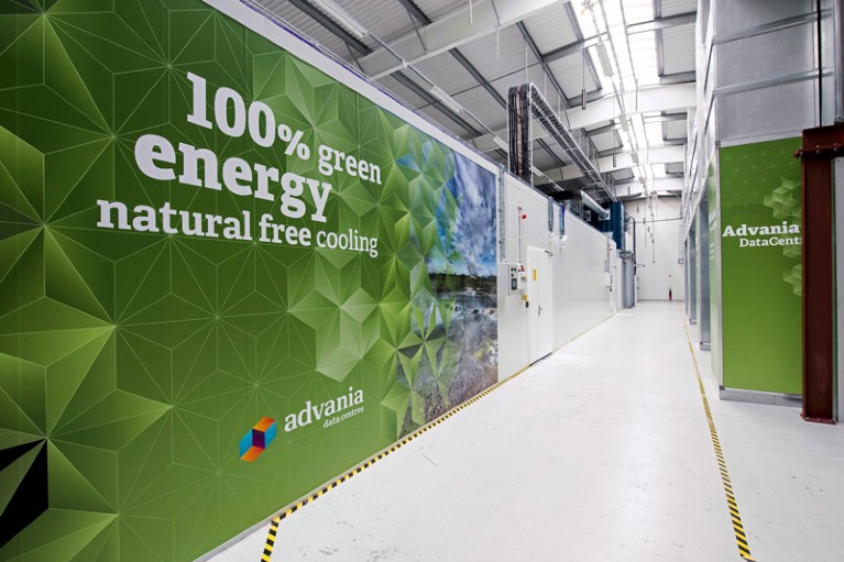 The interior of Advania's Thor Data Center with a sign that reads '100% green energy natural free cooling'