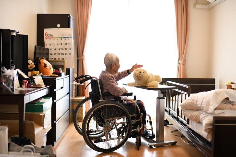 Person sitting in wheelchair in middle of room, touching seal robot