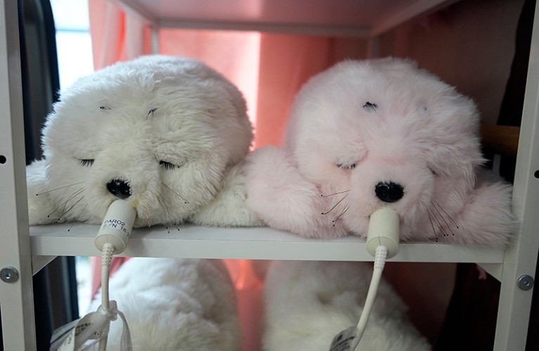 Two robot seals (one white, one pink) on a shelf, each with a wire plugged in at the mouth.