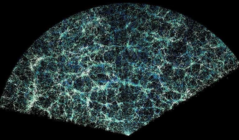 Slice close-up of the largest 3D map of our universe to date made by DESI. Earth is at the centre of this thin slice of the full map. In the magnified section, it is easy to see the underlying structure of matter in our universe.