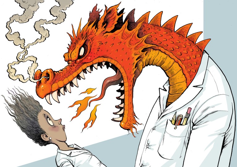 Cartoon of a scientist turning into a dragon and yelling at another scientist.