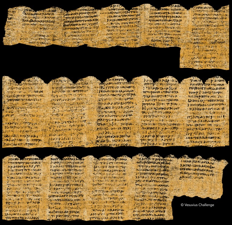 A composite image of fragments of one of the Herculaneum papyri covered with ancient black text written in columns