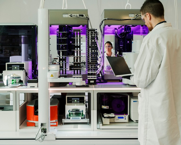 Two researchers at work in a lab at Lila Sciences.