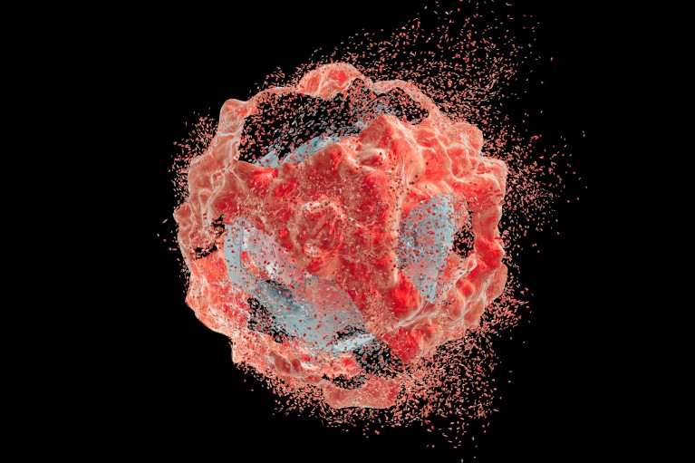 Disintegrating red and blue sphere. Tiny red particles are breaking off it.
