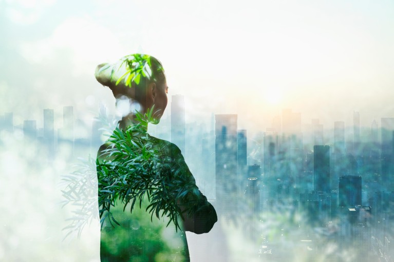 Graphic of woman looking at a city in the distance. Her body is filled with plants