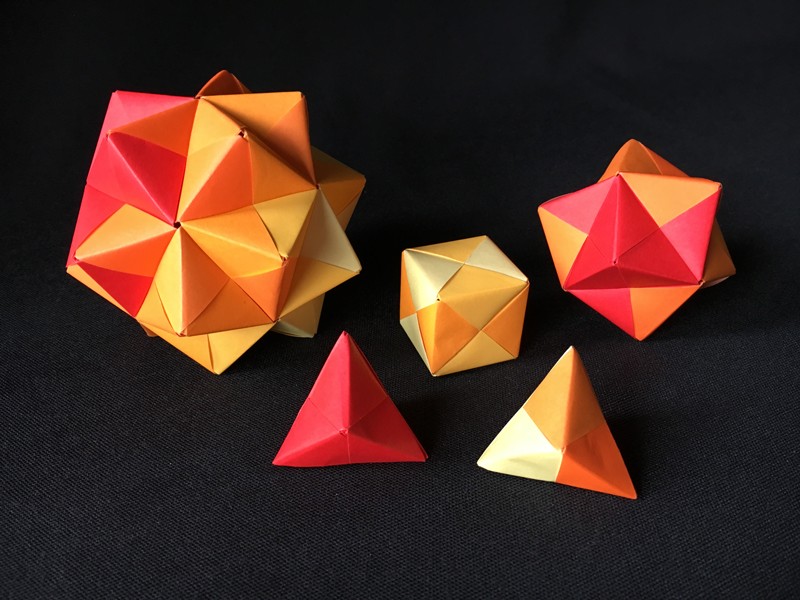 A collection of sonobe modular origami polyhedra made by Jeanette McLeod.