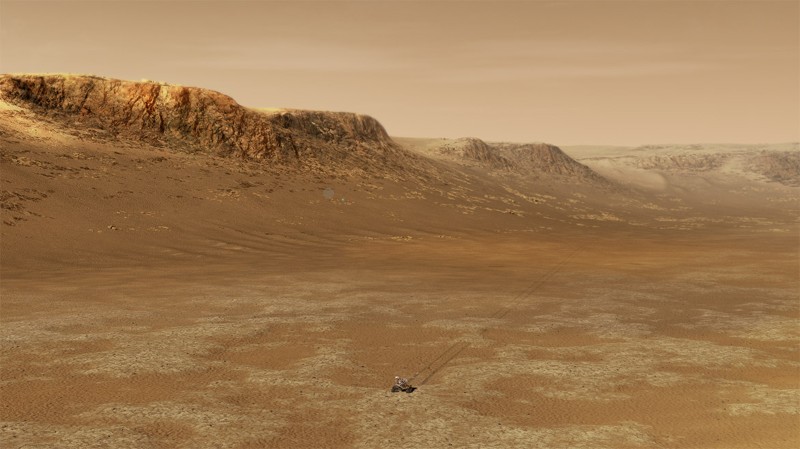 Illustration of a rover on a desert landscape, surrounded by outcrops.