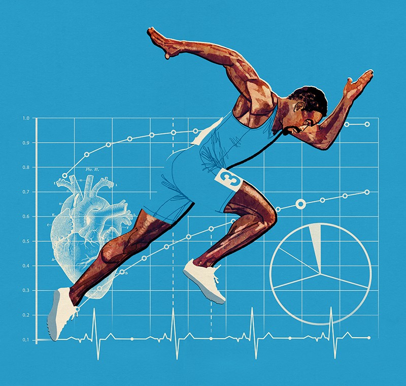 A male athlete runs in front of a series of charts on a blue background