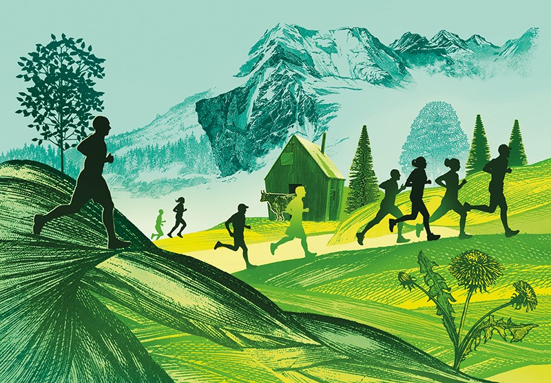 Illustration of runners on a landscape of muscle