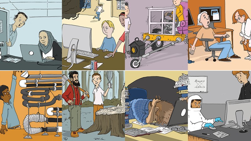 Collage of cartoons about coding and bioinformatics.